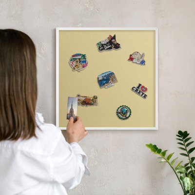 Magnetic board for travel magnets in a white frame Beige-yellow