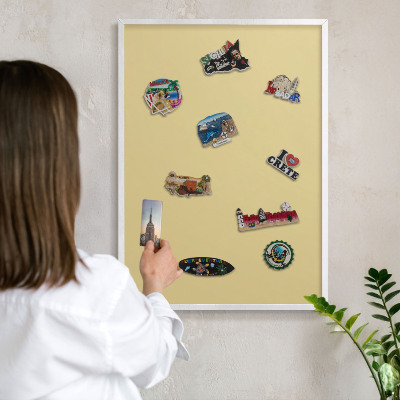 Magnetic board for travel magnets in a white frame Beige-yellow