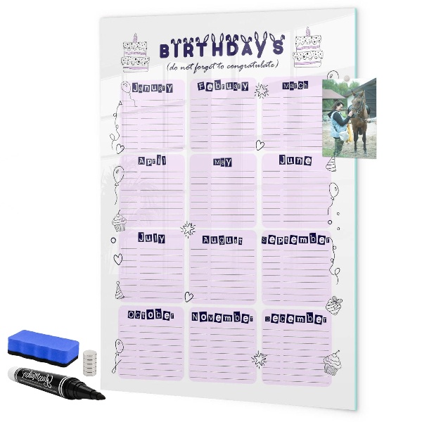Dry erase board magnetic Birthday calendar with space for photos