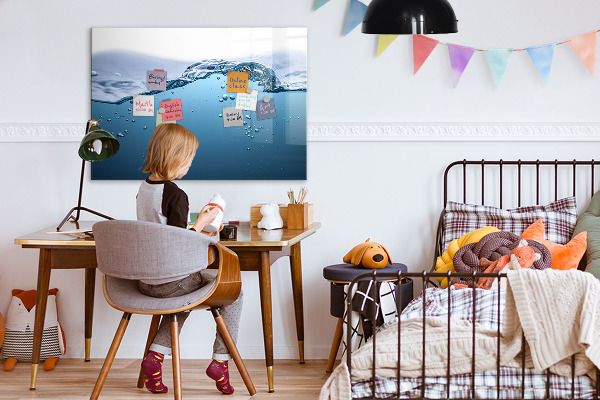 Magnetic dry erase board Water background with photos and accessories