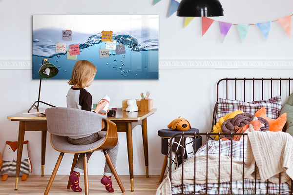 Magnetic dry erase board Water background with photos and accessories