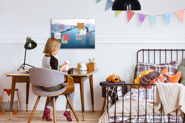 Magnetic dry erase board Water background with photos and accessories
