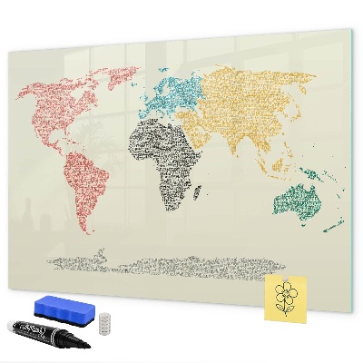 Dry erase board magnetic World map with places and photos