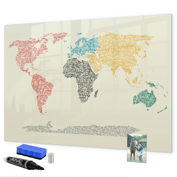 Dry erase board magnetic World map with places and photos