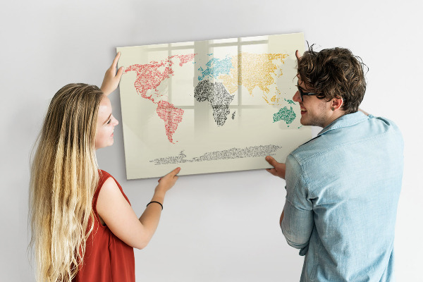 Dry erase board magnetic World map with places and photos
