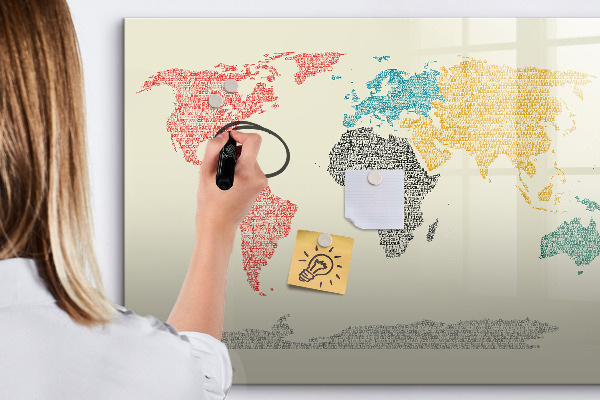 Dry erase board magnetic World map with places and photos