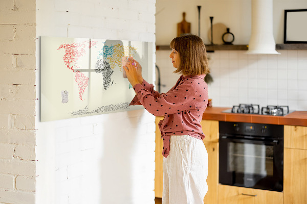Dry erase board magnetic World map with places and photos