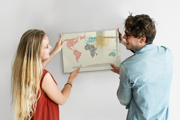 Dry erase board magnetic World map with places and photos