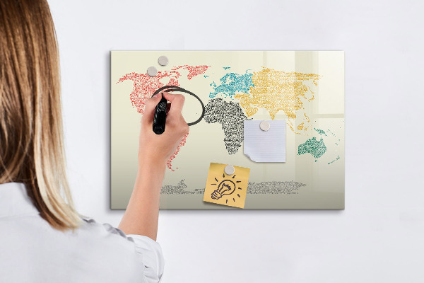 Dry erase board magnetic World map with places and photos