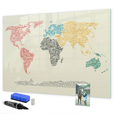 Dry erase board magnetic World map with places and photos