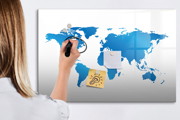 Dry erase board magnetic World map with photo locations