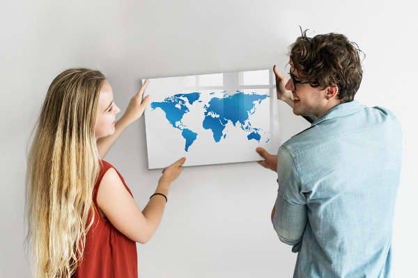 Dry erase board magnetic World map with photo locations