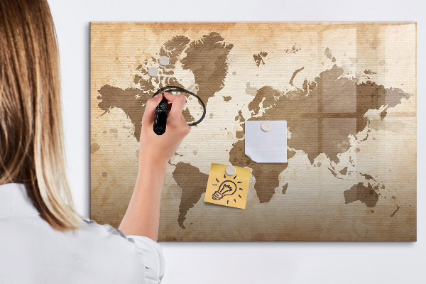 Dry erase board magnetic World map with photo locations