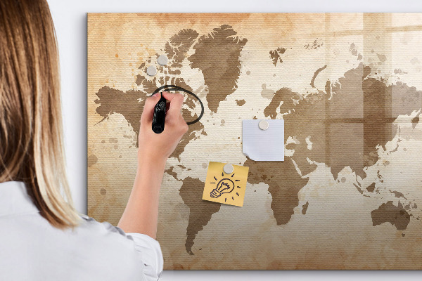 Dry erase board magnetic World map with photo locations