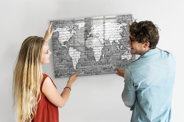 Dry erase board magnetic World map with photo locations