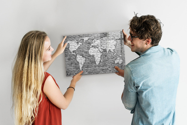 Dry erase board magnetic World map with photo locations