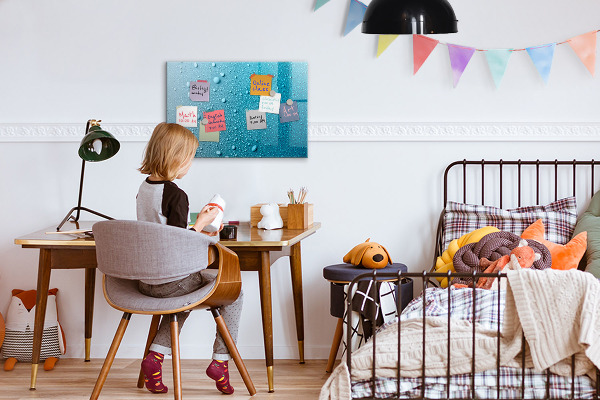 Magnetic dry erase board Blue board with magnets and photos