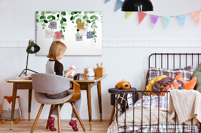 Dry erase board magnetic Green leaves and photos on the wall