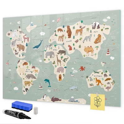 Dry erase board magnetic World map with animal illustrations