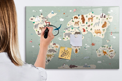 Dry erase board magnetic World map with animal illustrations