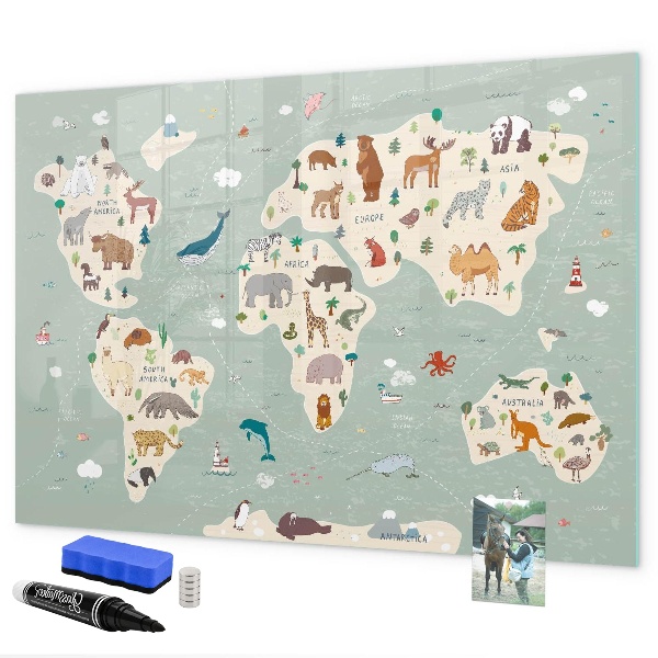 Dry erase board magnetic World map with animal illustrations