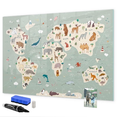 Dry erase board magnetic World map with animal illustrations