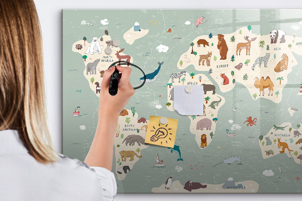 Dry erase board magnetic World map with animal illustrations