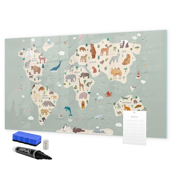 Dry erase board magnetic World map with animal illustrations