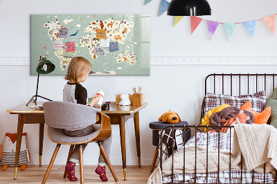 Dry erase board magnetic World map with animal illustrations