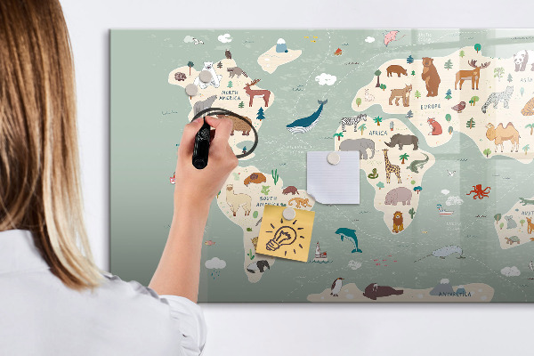 Dry erase board magnetic World map with animal illustrations