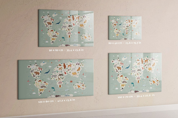 Dry erase board magnetic World map with animal illustrations