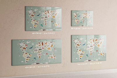 Dry erase board magnetic World map with animal illustrations