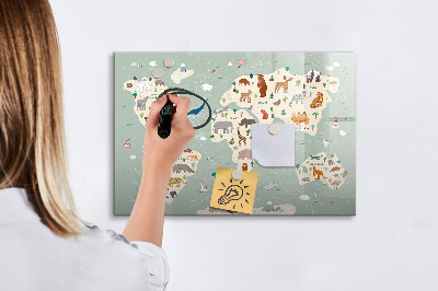 Dry erase board magnetic World map with animal illustrations