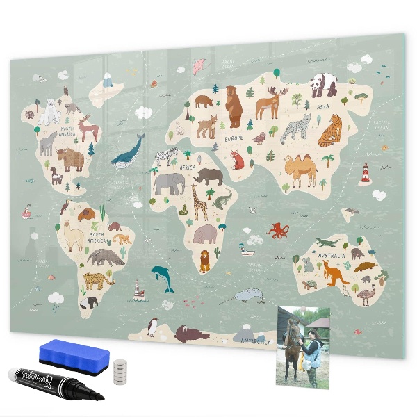 Dry erase board magnetic World map with animal illustrations