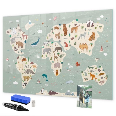 Dry erase board magnetic World map with animal illustrations