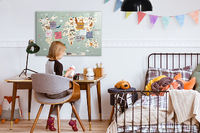 Dry erase board magnetic World map with animal illustrations
