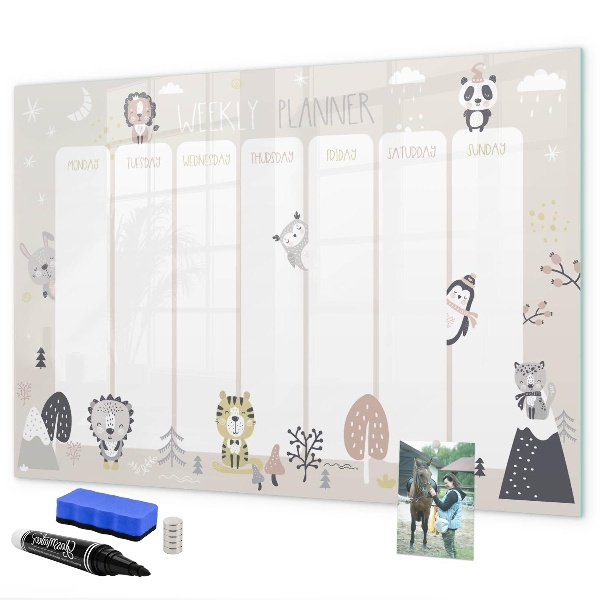Dry erase board magnetic Weekly planner with colorful animals