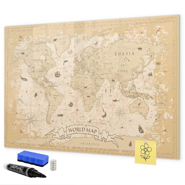 Dry erase board magnetic World map with photos and accessories