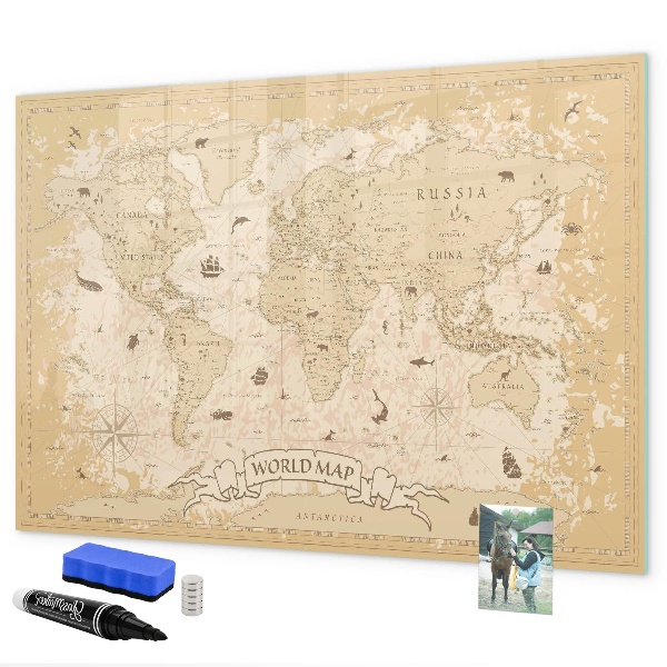 Dry erase board magnetic World map with photos and accessories