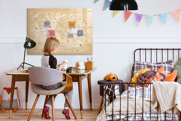 Dry erase board magnetic World map with photos and accessories
