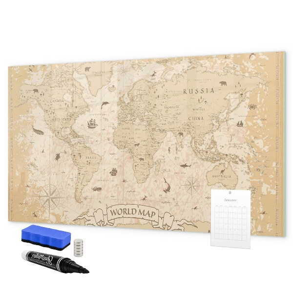Dry erase board magnetic World map with photos and accessories