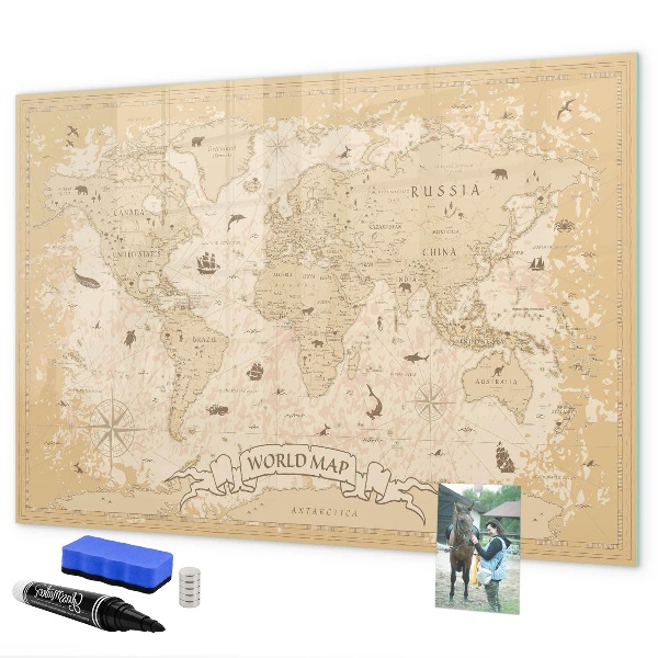 Dry erase board magnetic World map with photos and accessories