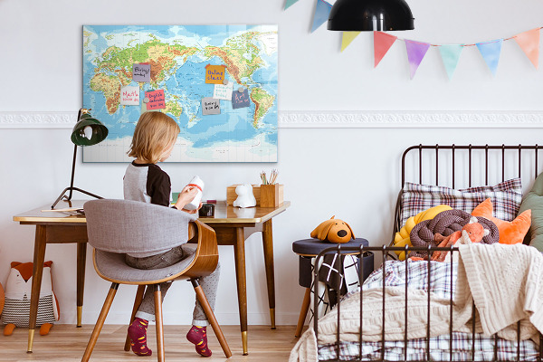 Dry erase board magnetic World map with photos and accessories