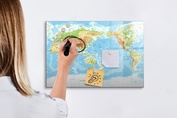 Dry erase board magnetic World map with photos and accessories