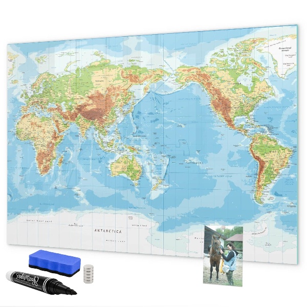 Dry erase board magnetic World map with photos and accessories