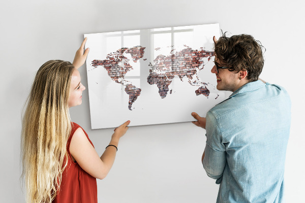Dry erase board magnetic World map with photo locations