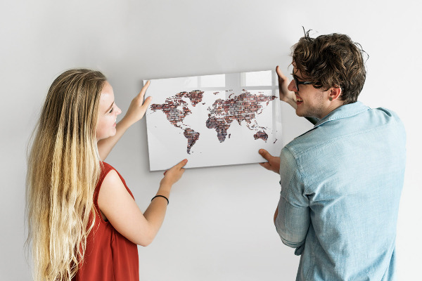 Dry erase board magnetic World map with photo locations