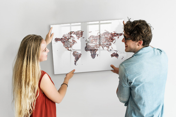 Dry erase board magnetic World map with photo locations