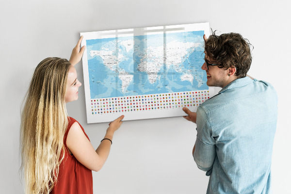 Dry erase board magnetic World map with places to mark