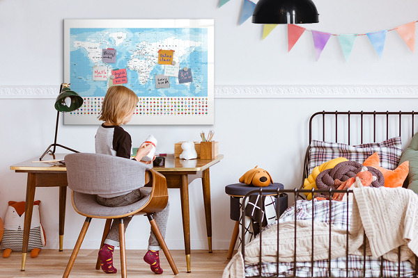 Dry erase board magnetic World map with places to mark